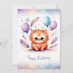 Adorable Watercolor Red Kitten Happy Birthday Holiday Card