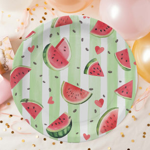 Adorable watercolor red watermelon, summer girl paper plate