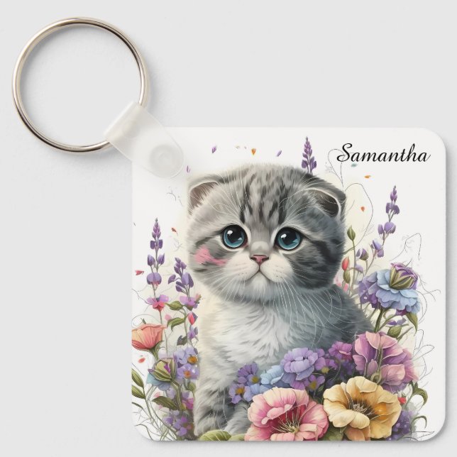 Adorable Watercolor Scottish Fold Kitten Key Ring (Front)
