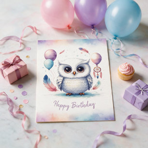 Adorable Watercolor Snowy Owl Happy Birthday Card