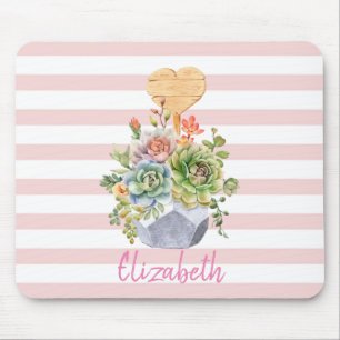 Adorable Watercolor Succulents Stripes Mouse Mat