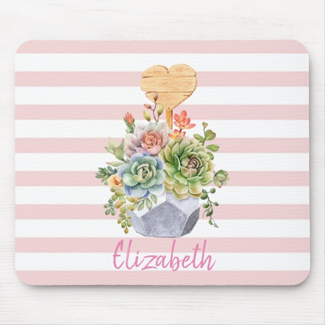 Adorable Watercolor Succulents Stripes Mouse Mat (Front)