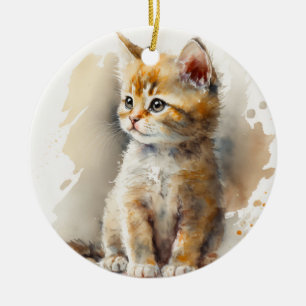 ADORABLE WATERCOLOR TABBY KITTEN CERAMIC TREE DECORATION