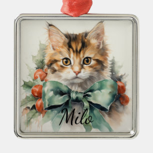 ADORABLE WATERCOLOR TABBY KITTEN WITH GREEN BOW METAL TREE DECORATION