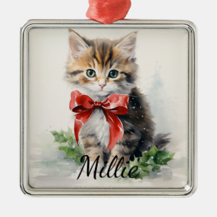 ADORABLE WATERCOLOR TABBY KITTEN WITH RED BOW METAL TREE DECORATION