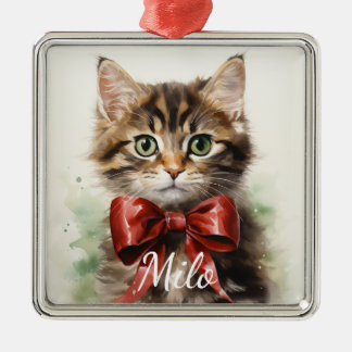 ADORABLE WATERCOLOR TABBY KITTEN WITH RED BOW METAL TREE DECORATION