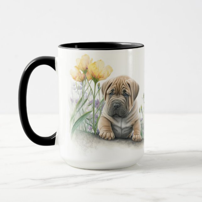 ADORABLE WATERCOLOR TAN SHAR PEI PUPPY DOG MUG (Left)