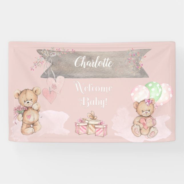 Adorable Watercolor Teddy Bear Baby Shower Banner (Horizontal)