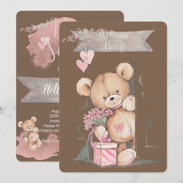 Adorable Watercolor Teddy Bear Baby Shower Invitation (Front/Back)