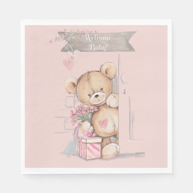 Adorable Watercolor Teddy Bear Baby Shower Napkin (Front)