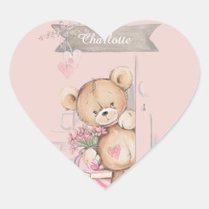 Adorable Watercolor Teddy Bear Baby Shower Square Heart Sticker