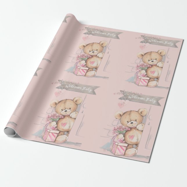 Adorable Watercolor Teddy Bear Welcome Baby Wrapping Paper (Unrolled)