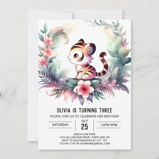 Adorable Watercolor Tiger Birthday Invitation (Front)