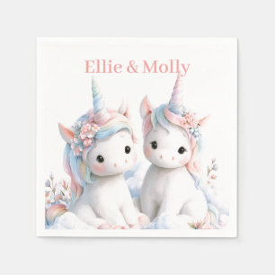 Adorable Watercolor Twin Baby Unicorns on a Cloud Napkin