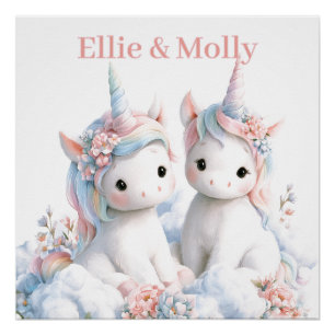 Adorable Watercolor Twin Baby Unicorns on a Cloud Poster