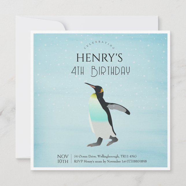 Adorable Watercolour Penguin Arctic Birthday Invitation (Front)