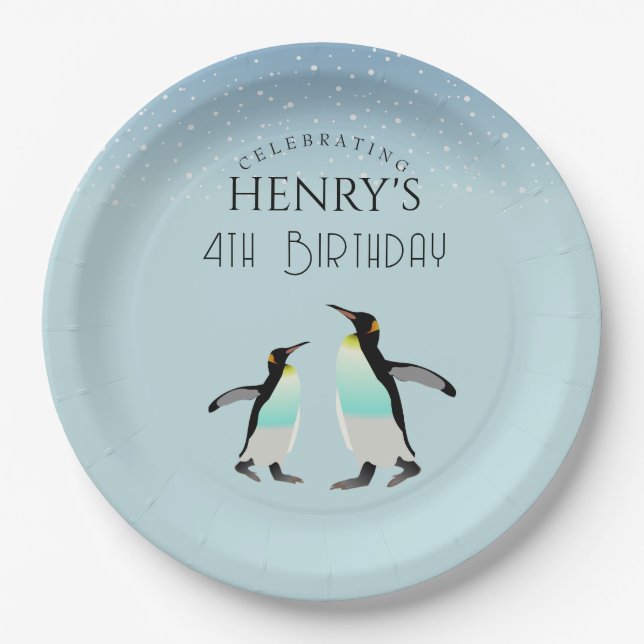 Adorable Watercolour Penguin Arctic Birthday Paper Plate (Front)