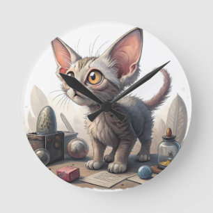 Adorable Weird Cat with Big Eyes Round Clock