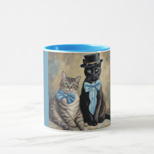 Adorable well dressed grey tabby and black cats mug