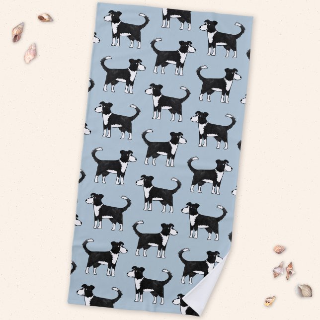 Adorable Welsh Border Collie Sheep Dog Pattern Beach Towel (Fun Welsh Border Collie dog cartoon sheepdog art beach towel)
