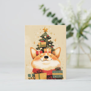 Adorable Welsh Corgi with Christmas Gifts Holiday Postcard