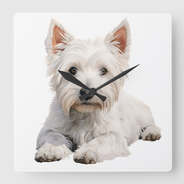 ADORABLE WEST HIGHLAND WHITE TERRIER DOG SQUARE WALL CLOCK (Front)