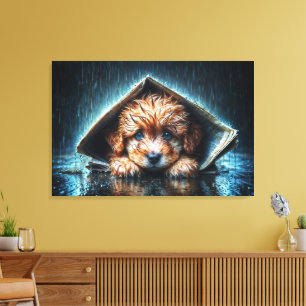 Adorable wet puppy under newspaper shelter  canvas print