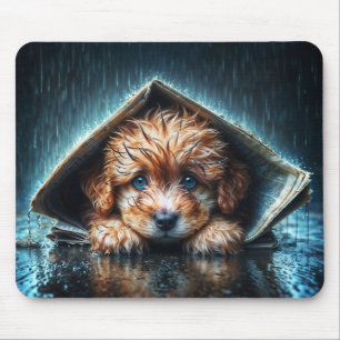 Adorable wet puppy under newspaper shelter mouse mat
