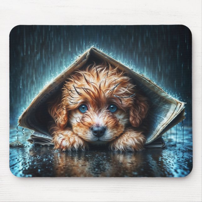 Adorable wet puppy under newspaper shelter  mouse mat (Front)