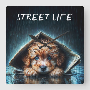 Adorable wet puppy under newspaper shelter square wall clock