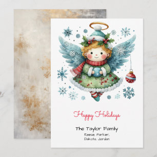 Adorable Whimsical Angel Illustration Happy  Holiday Card