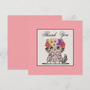 Adorable Whimsical Grey Kitty Flat Thank You Card