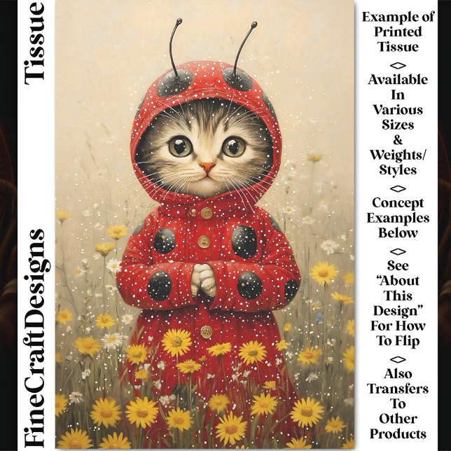Adorable Whimsical Ladybug Kitten DA5 Decoupage Tissue Paper (Creator Uploaded)