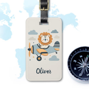 Adorable Whimsical Lion on Charming Aeroplane Luggage Tag