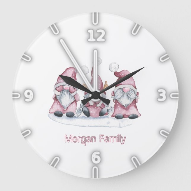 Adorable Whimsical Pink Gnomes Christmas Large Clock (Front)