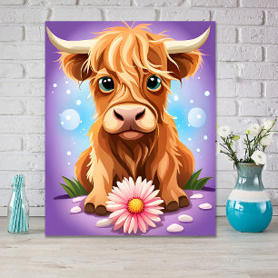 Adorable Whimsical Scottish Highland Cow AI Poster