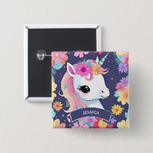 Adorable White Baby Unicorn with Flowers 15 Cm Square Badge