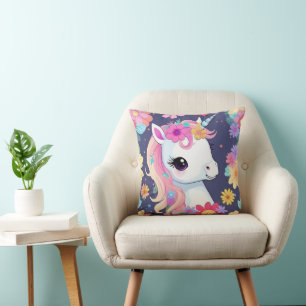 Adorable White Baby Unicorn with Flowers Cushion