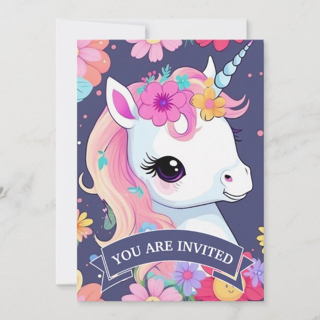 Adorable White Baby Unicorn with Flowers Invitation (Front)