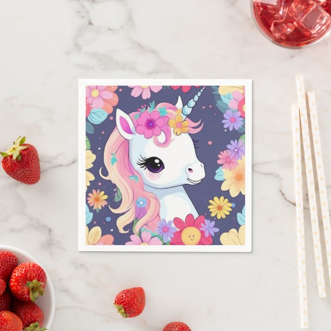Adorable White Baby Unicorn with Flowers Napkin (Insitu)