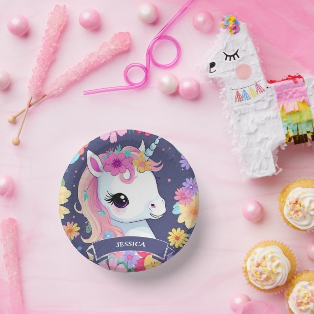 Adorable White Baby Unicorn with Flowers Paper Plate (Party)