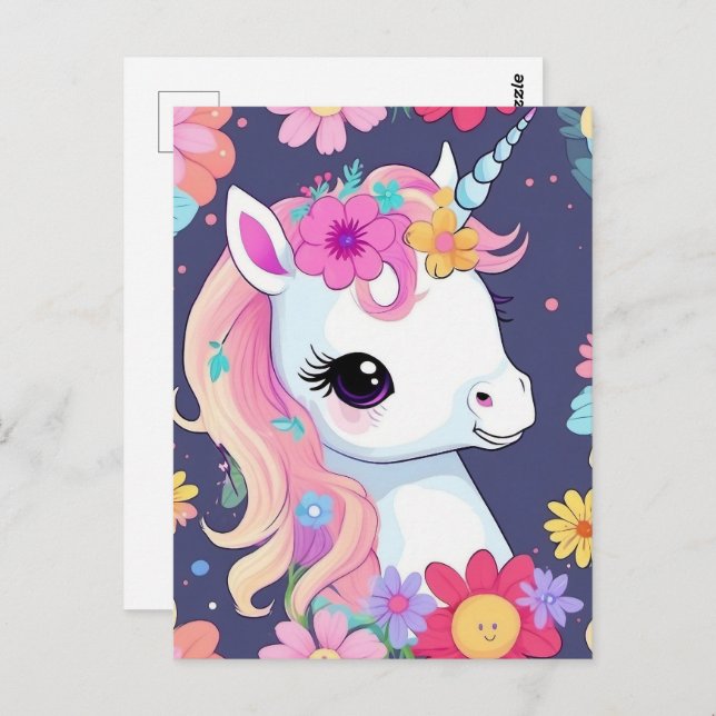 Adorable White Baby Unicorn with Flowers Postcard (Front/Back)
