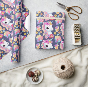 Adorable White Baby Unicorn with Flowers Wrapping Paper