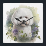 ADORABLE WHITE BICHON FRISE DOG WITH FLOWERS SQUARE WALL CLOCK<br><div class="desc">ADORABLE WHITE BICHON FRISE DOG WITH FLOWERS</div>