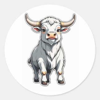 Adorable White Bull Cartoon Illustration Art Classic Round Sticker