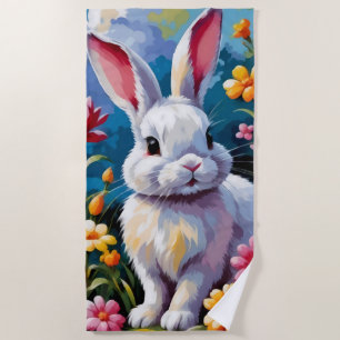 Adorable White Bunny Surrounded by Vibrant Flowers Beach Towel