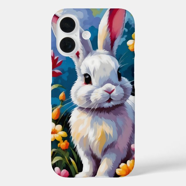 Adorable White Bunny Surrounded by Vibrant Flowers Case-Mate iPhone Case (Back)