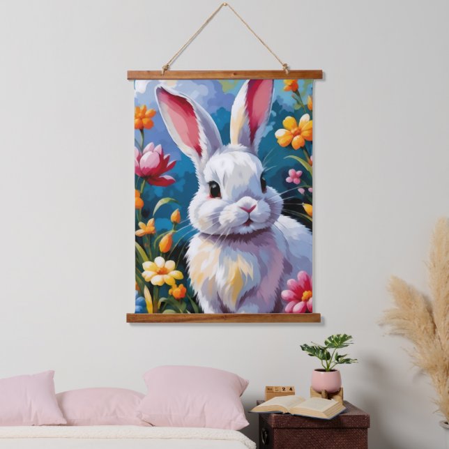 Adorable White Bunny Surrounded by Vibrant Flowers Hanging Tapestry (Bedroom)