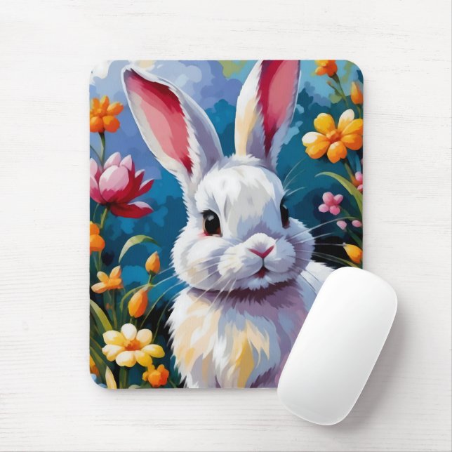 Adorable White Bunny Surrounded by Vibrant Flowers Mouse Mat (With Mouse)