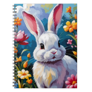 Adorable White Bunny Surrounded by Vibrant Flowers Notebook